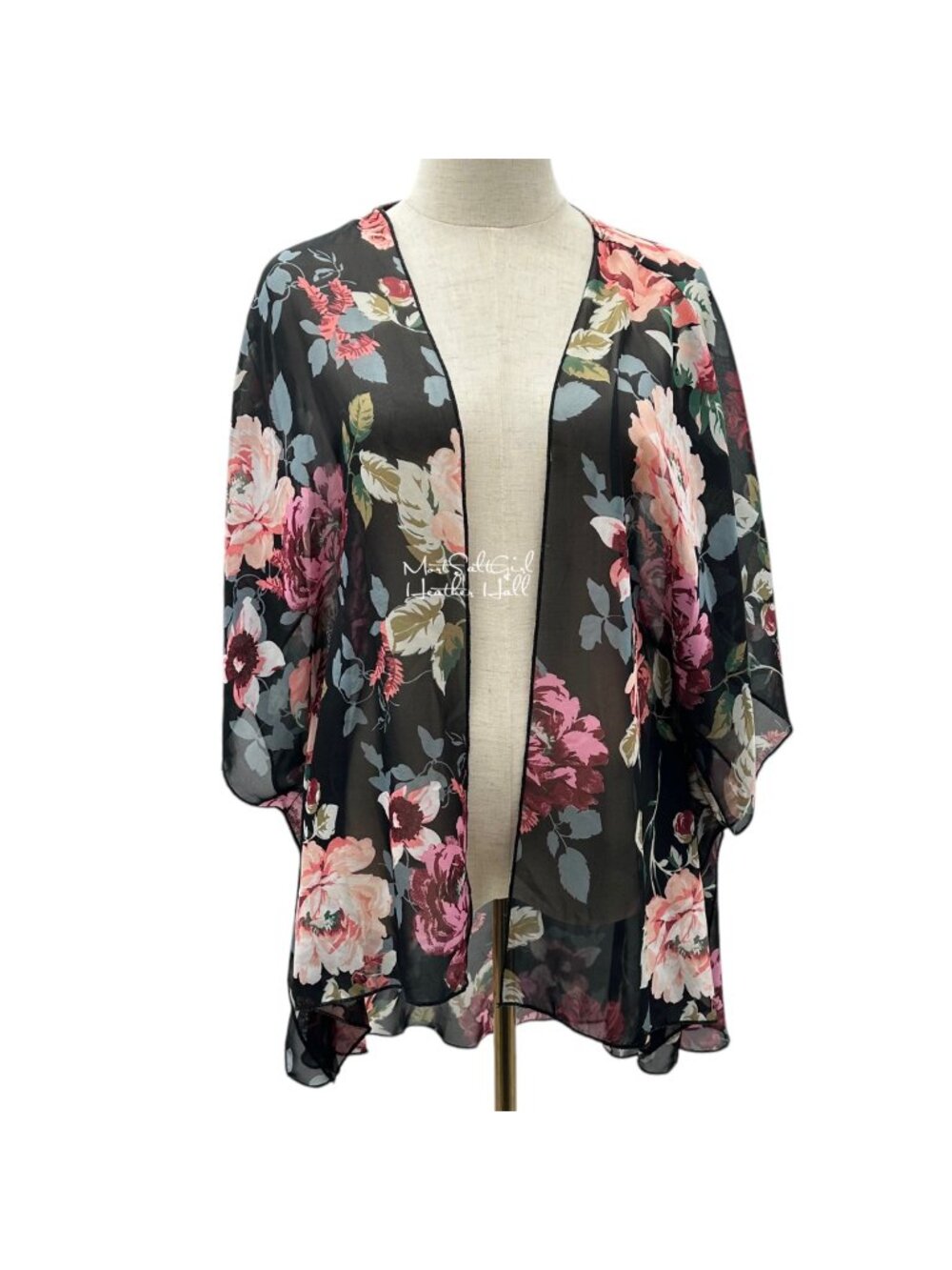 Polly & Esther Pink Roses Sheer Kimono Open Front Sheer Ultra Lightweight